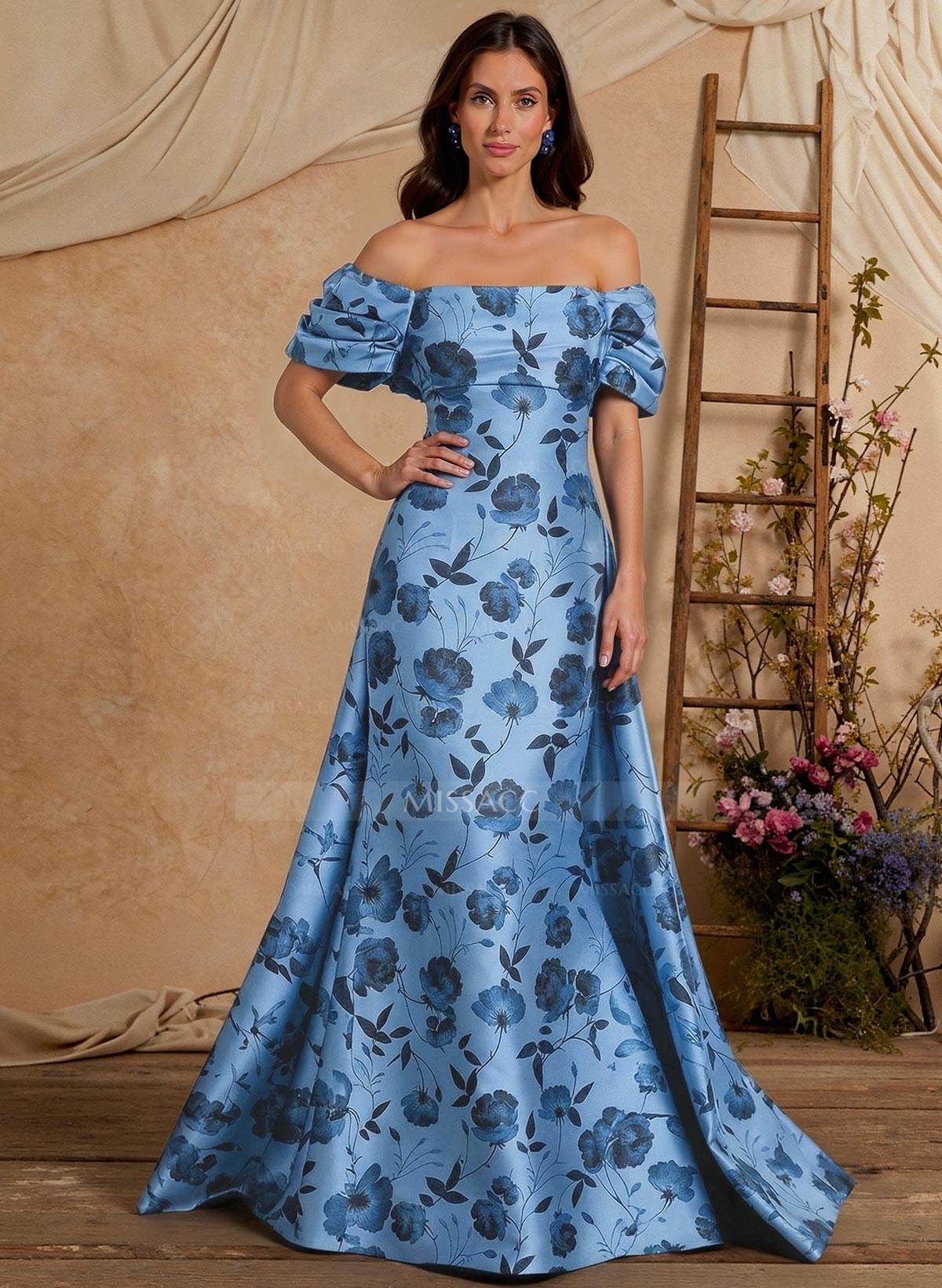 A-Line Off-The-Shoulder Sweep Train Twill Satin Mother Of The Bride Dresses With Flower(s) Overskirt Dress