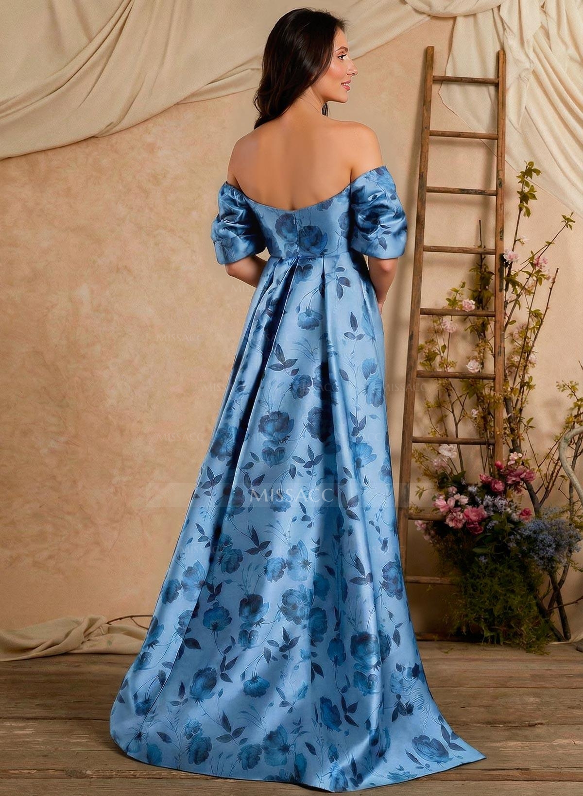 A-Line Off-The-Shoulder Sweep Train Twill Satin Mother Of The Bride Dresses With Flower(s) Overskirt Dress