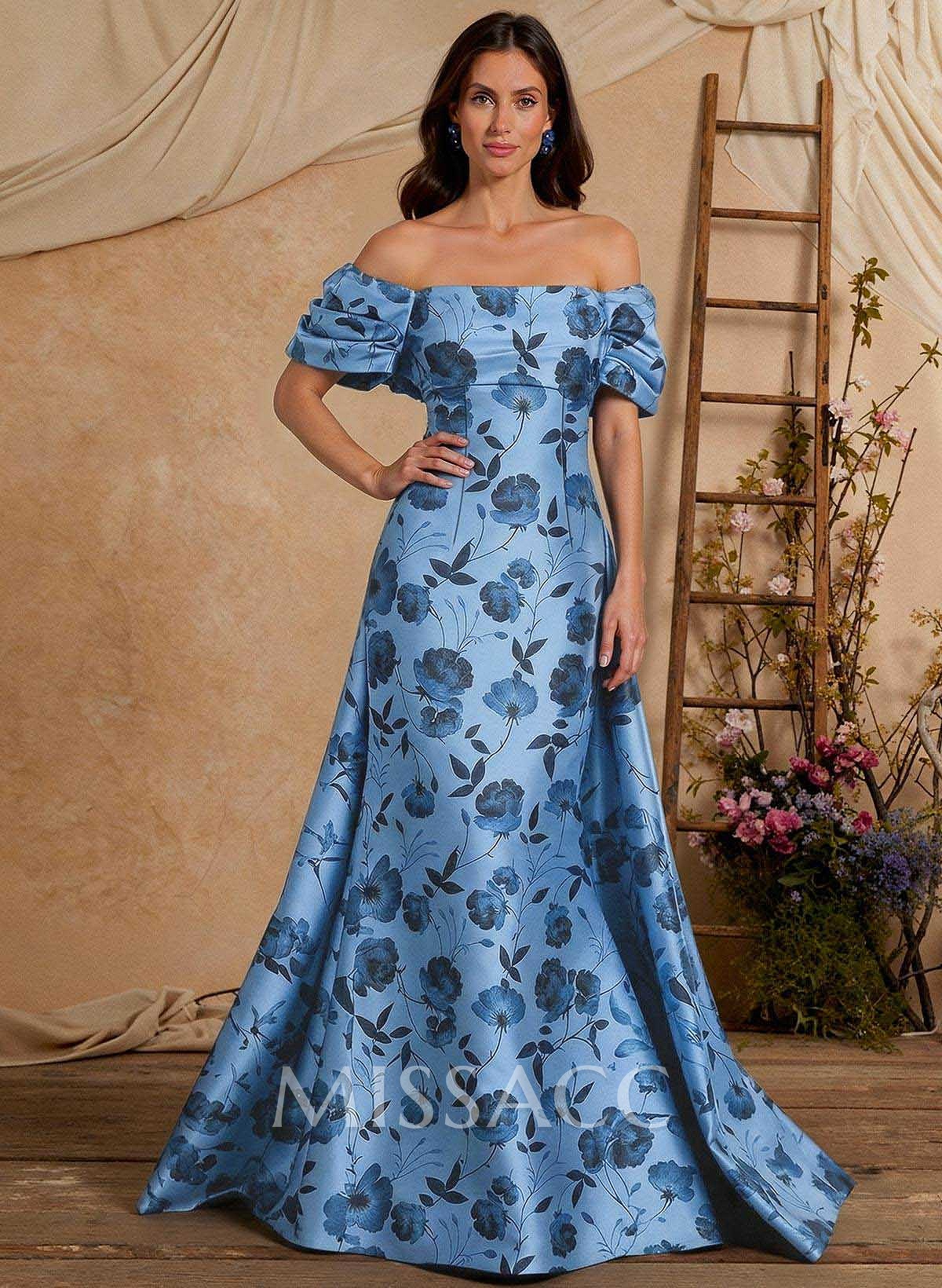 A-Line Off-The-Shoulder Sweep Train Twill Satin Mother Of The Bride Dresses With Flower(s) Overskirt Dress A-Line Off-The-Shoulder Sweep Train Twill Satin Mother Of The Bride Dresses With Flower(s) Overskirt Dress