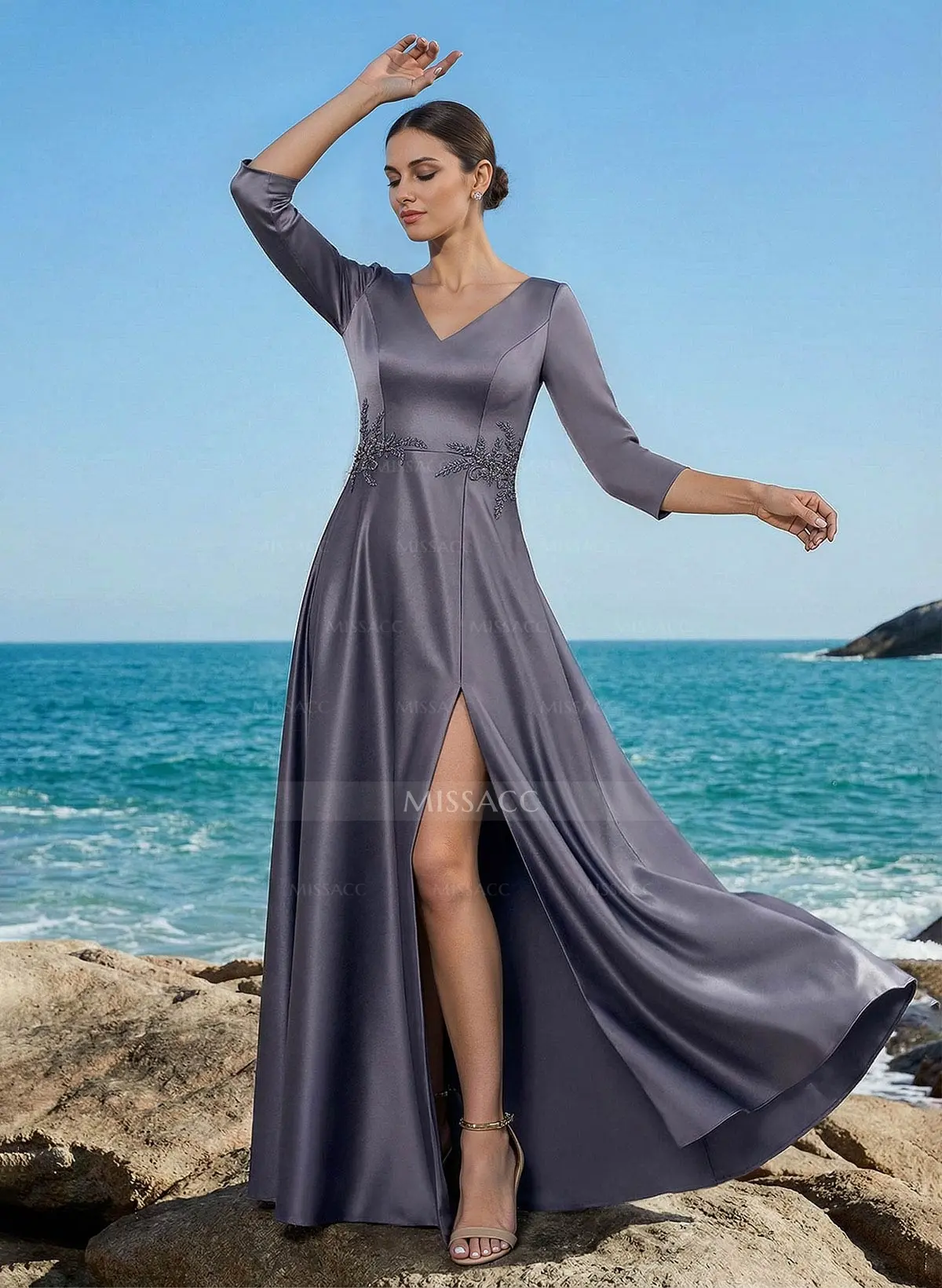 A-Line V-Neck 3/4 Sleeves Floor-Length Satin Mother Of The Bride Dresses  With Rhinestone/High Split - Missacc