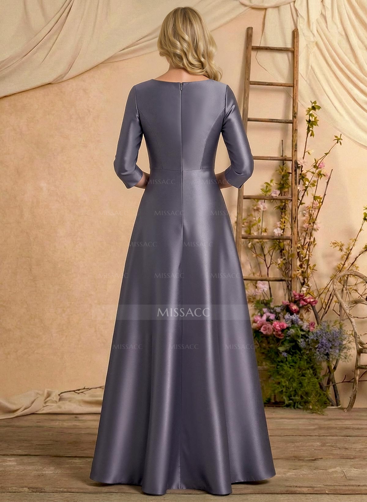 A-Line V-Neck 3/4 Sleeves Floor-Length Satin Mother Of The Bride Dresses With Rhinestone/High Split