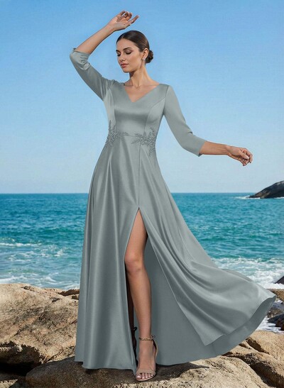 A-Line V-Neck 3/4 Sleeves Floor-Length Satin Mother Of The Bride Dresses With Rhinestone/High Split
