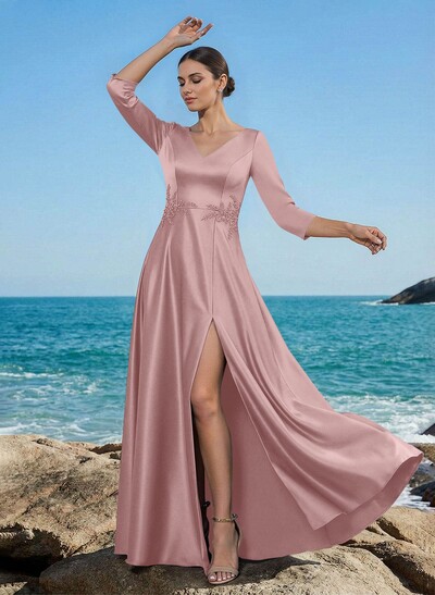 A-Line V-Neck 3/4 Sleeves Floor-Length Satin Mother Of The Bride Dresses With Rhinestone/High Split