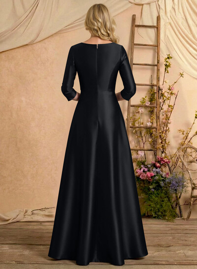 A-Line V-Neck 3/4 Sleeves Floor-Length Satin Mother Of The Bride Dresses With Rhinestone/High Split