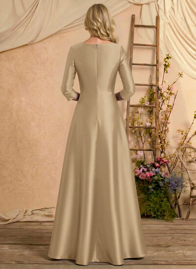 A-Line V-Neck 3/4 Sleeves Floor-Length Satin Mother Of The Bride Dresses With Rhinestone/High Split