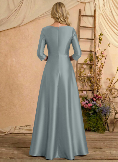 A-Line V-Neck 3/4 Sleeves Floor-Length Satin Mother Of The Bride Dresses With Rhinestone/High Split