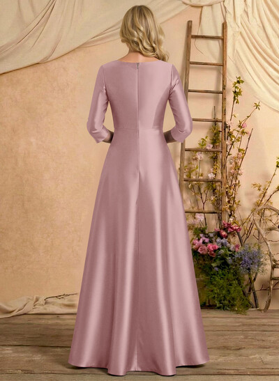 A-Line V-Neck 3/4 Sleeves Floor-Length Satin Mother Of The Bride Dresses With Rhinestone/High Split