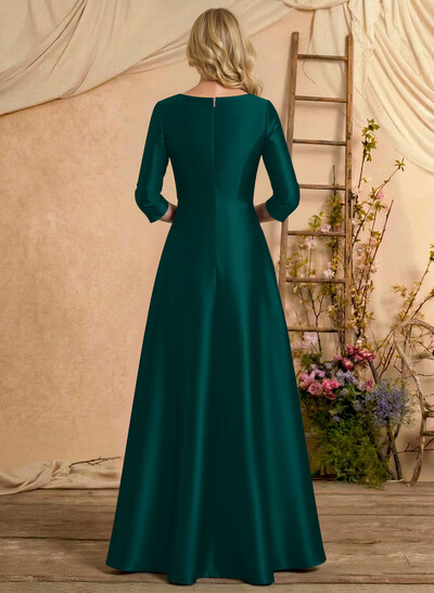 A-Line V-Neck 3/4 Sleeves Floor-Length Satin Mother Of The Bride Dresses With Rhinestone/High Split