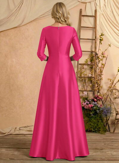 A-Line V-Neck 3/4 Sleeves Floor-Length Satin Mother Of The Bride Dresses With Rhinestone/High Split
