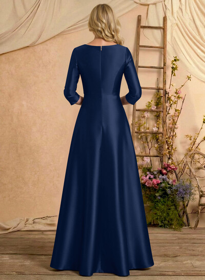 A-Line V-Neck 3/4 Sleeves Floor-Length Satin Mother Of The Bride Dresses With Rhinestone/High Split