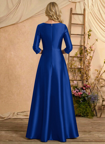A-Line V-Neck 3/4 Sleeves Floor-Length Satin Mother Of The Bride Dresses With Rhinestone/High Split
