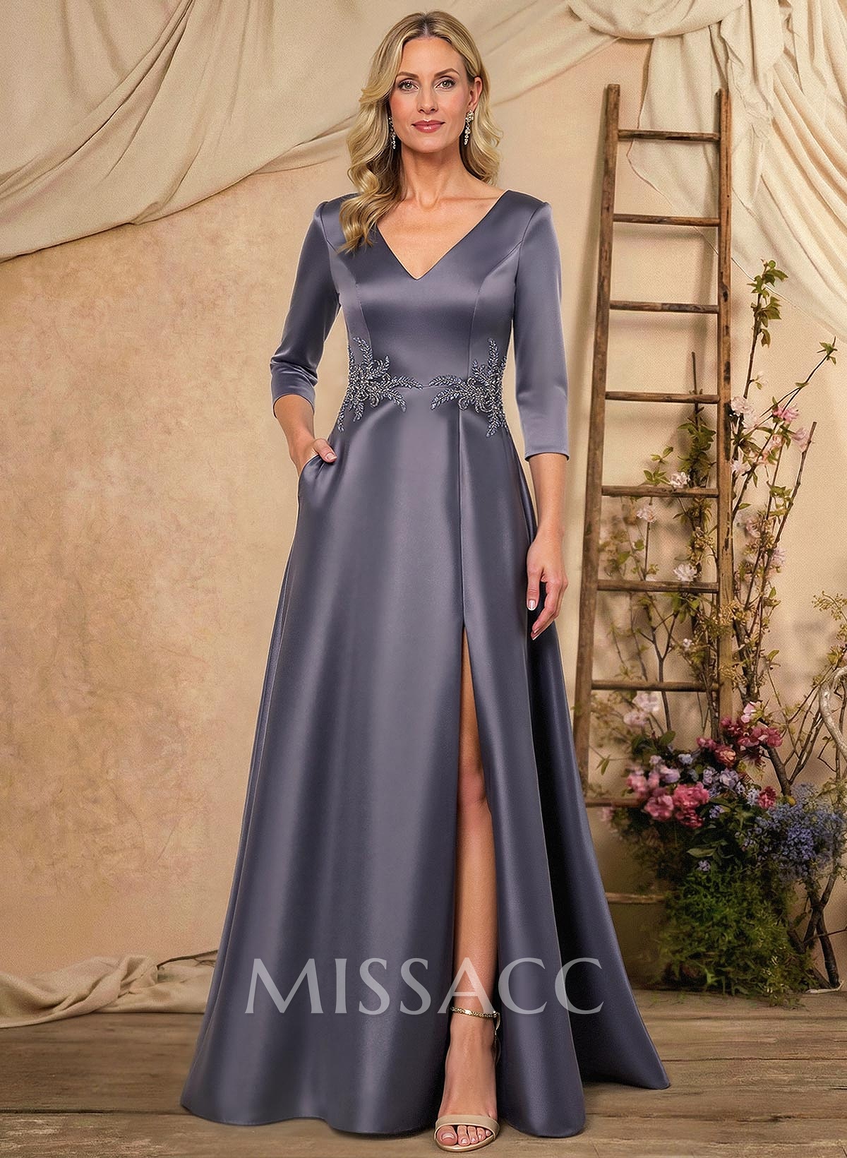 A-Line V-Neck 3/4 Sleeves Floor-Length Satin Mother Of The Bride Dresses With Rhinestone/High Split