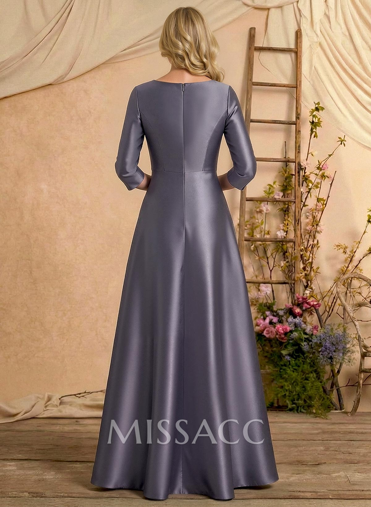 A-Line V-Neck 3/4 Sleeves Floor-Length Satin Mother Of The Bride Dresses With Rhinestone/High Split