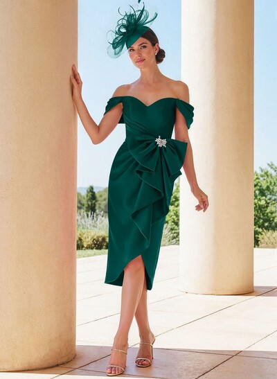 Sheath/Column Off-The-Shoulder Knee-Length Satin Mother Of The Bride Dresses With Bow(s)/Cascading Ruffles