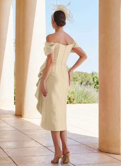 Sheath/Column Off-The-Shoulder Knee-Length Satin Mother Of The Bride Dresses With Bow(s)/Cascading Ruffles