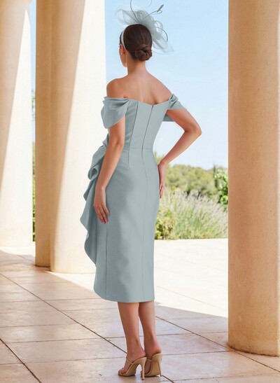 Sheath/Column Off-The-Shoulder Knee-Length Satin Mother Of The Bride Dresses With Bow(s)/Cascading Ruffles
