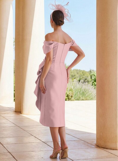 Sheath/Column Off-The-Shoulder Knee-Length Satin Mother Of The Bride Dresses With Bow(s)/Cascading Ruffles