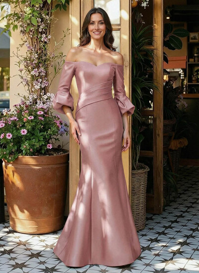 Sheath/Column Off-The-Shoulder 1/2 Sleeves Floor-Length Satin Mother Of The Bride Dresses