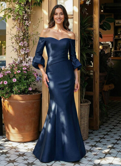 Sheath/Column Off-The-Shoulder 1/2 Sleeves Floor-Length Satin Mother Of The Bride Dresses