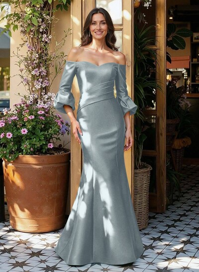 Sheath/Column Off-The-Shoulder 1/2 Sleeves Floor-Length Satin Mother Of The Bride Dresses