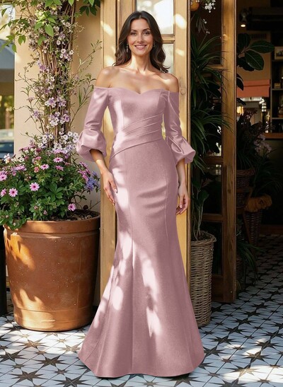 Sheath/Column Off-The-Shoulder 1/2 Sleeves Floor-Length Satin Mother Of The Bride Dresses