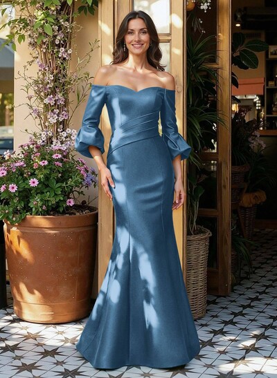 Sheath/Column Off-The-Shoulder 1/2 Sleeves Floor-Length Satin Mother Of The Bride Dresses