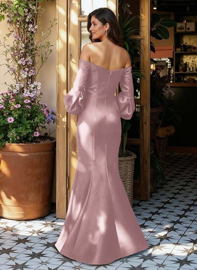 Sheath/Column Off-The-Shoulder 1/2 Sleeves Floor-Length Satin Mother Of The Bride Dresses