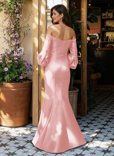 Sheath/Column Off-The-Shoulder 1/2 Sleeves Floor-Length Satin Mother Of The Bride Dresses