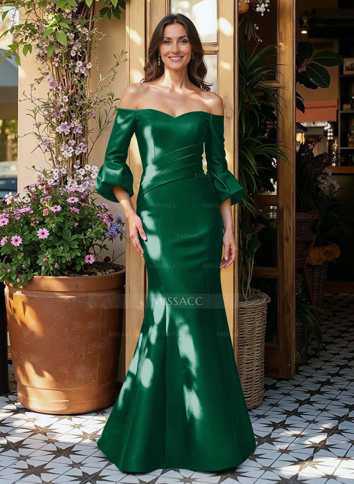 Sheath/Column Off-The-Shoulder 1/2 Sleeves Floor-Length Satin Mother Of The Bride Dresses