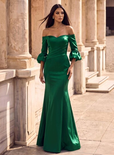 Sheath/Column Off-The-Shoulder 1/2 Sleeves Floor-Length Satin Mother Of The Bride Dresses