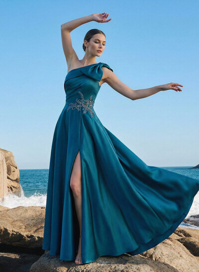 A-Line One-Shoulder Sleeveless Floor-Length Satin Evening Dresses With Rhinestone/High Split