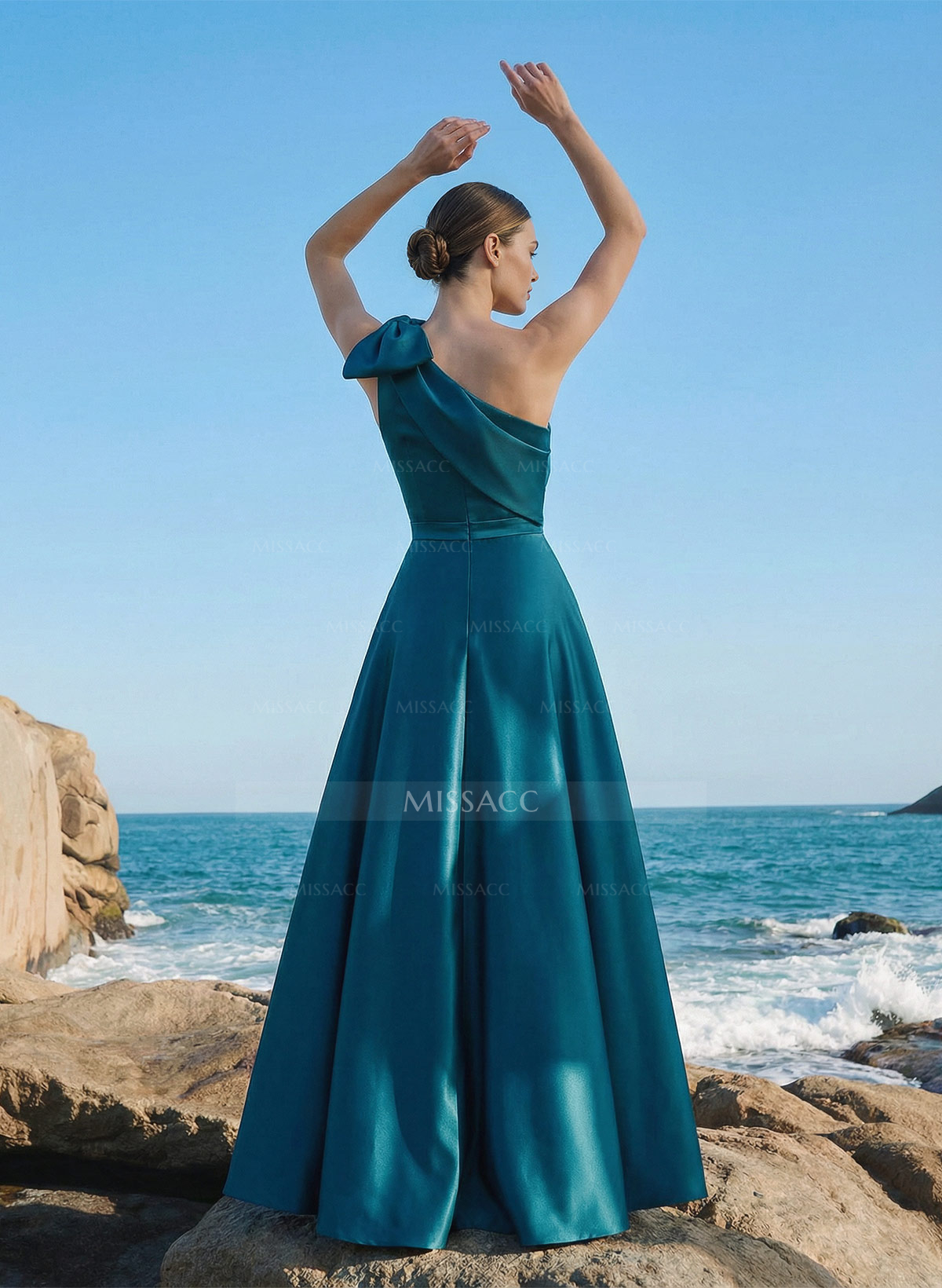 A-Line One-Shoulder Sleeveless Floor-Length Satin Mother Of The Bride Dresses With Rhinestone/High Split