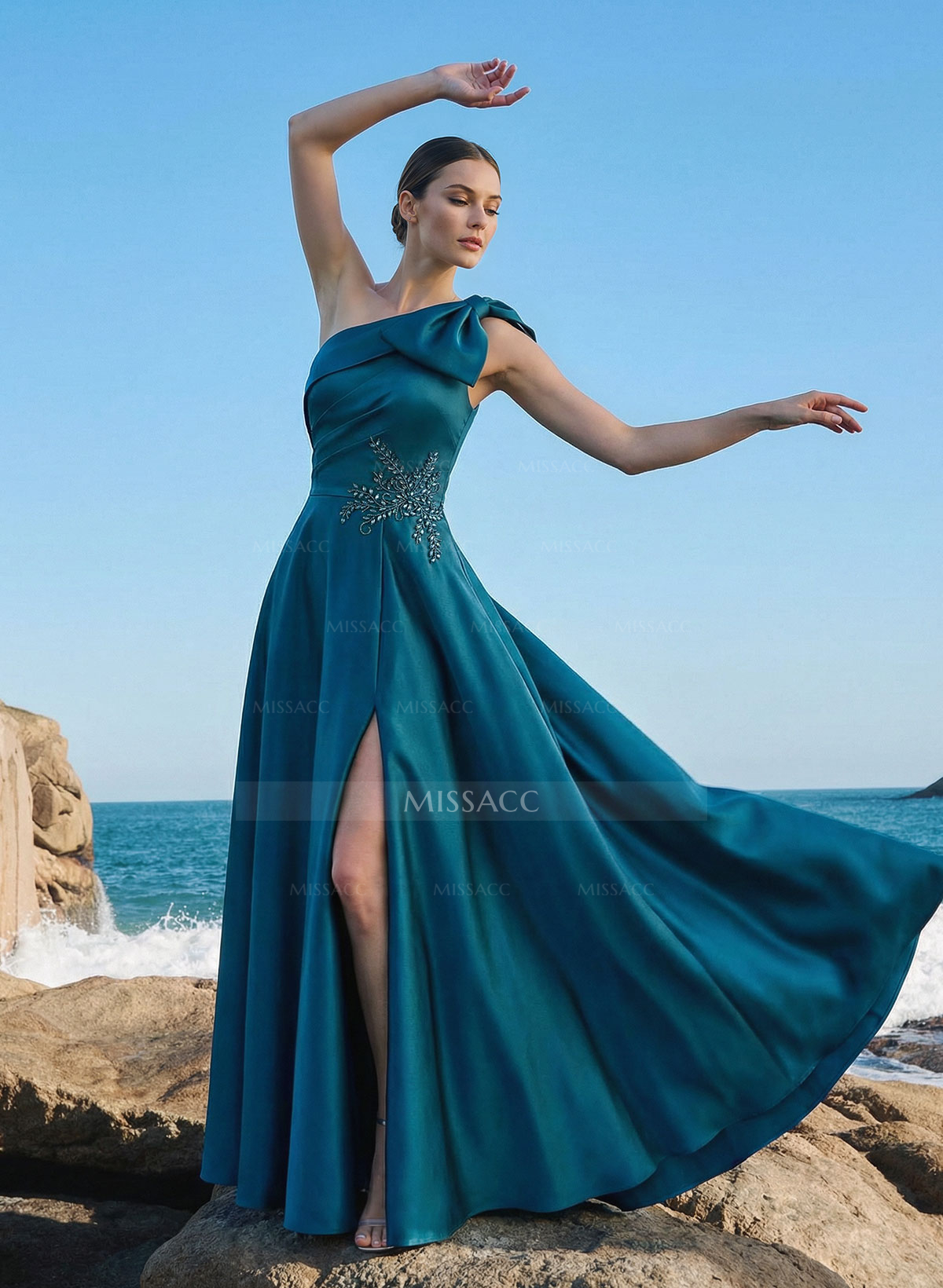 A-Line One-Shoulder Sleeveless Floor-Length Satin Mother Of The Bride Dresses With Rhinestone/High Split