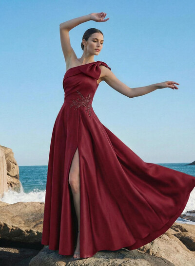 A-Line One-Shoulder Sleeveless Floor-Length Satin Mother Of The Bride Dresses With Rhinestone/High Split