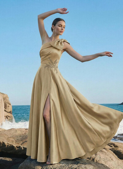 A-Line One-Shoulder Sleeveless Floor-Length Satin Mother Of The Bride Dresses With Rhinestone/High Split