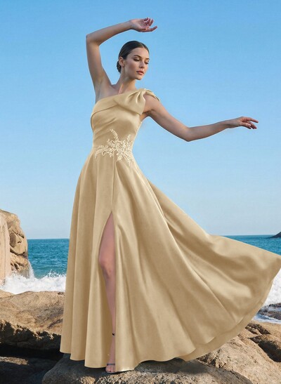 A-Line One-Shoulder Sleeveless Floor-Length Satin Mother Of The Bride Dresses With Rhinestone/High Split