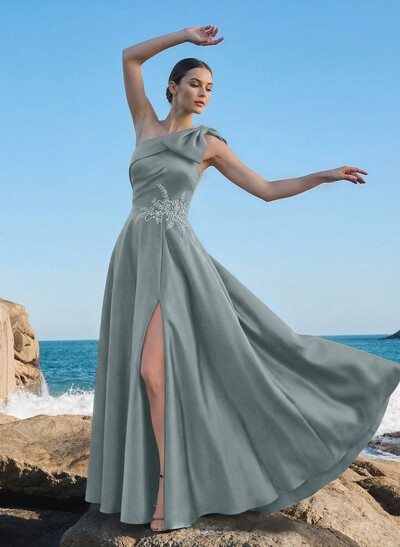 A-Line One-Shoulder Sleeveless Floor-Length Satin Mother Of The Bride Dresses With Rhinestone/High Split