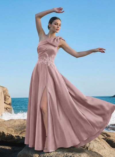 A-Line One-Shoulder Sleeveless Floor-Length Satin Mother Of The Bride Dresses With Rhinestone/High Split