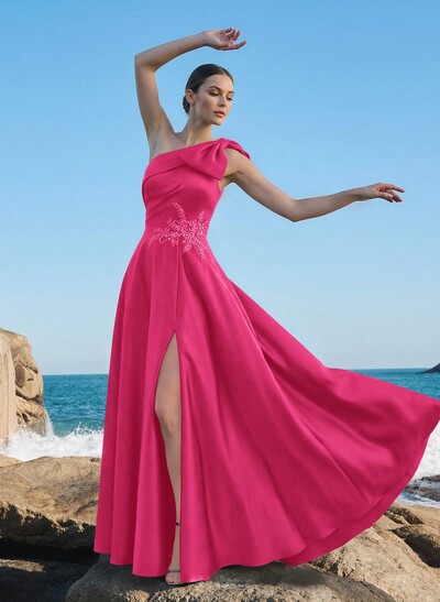 A-Line One-Shoulder Sleeveless Floor-Length Satin Mother Of The Bride Dresses With Rhinestone/High Split