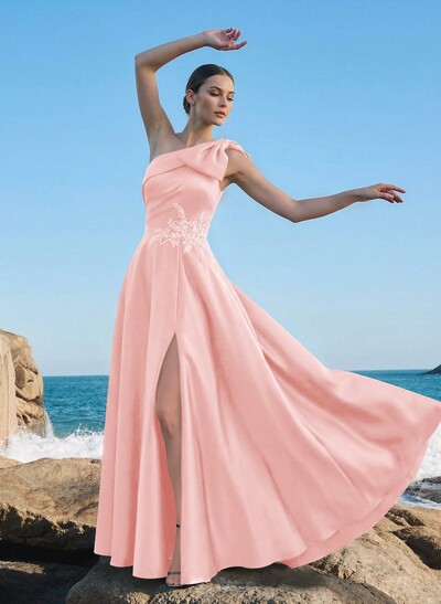 A-Line One-Shoulder Sleeveless Floor-Length Satin Mother Of The Bride Dresses With Rhinestone/High Split