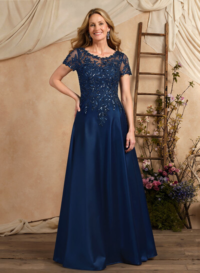 A-Line Illusion Neck Short Sleeves Floor-Length Lace Satin Sequined Mother Of The Bride Dresses With Beading Sequins Flower(s)