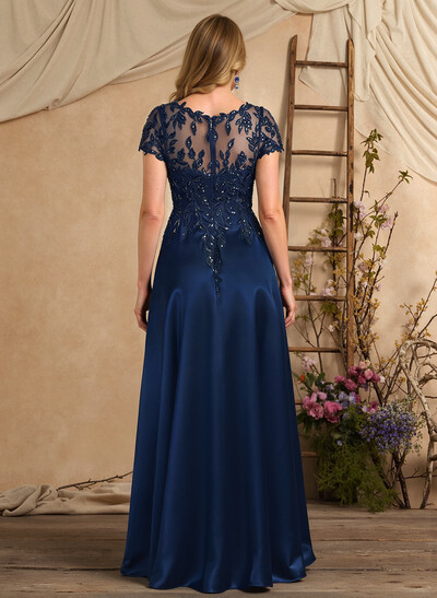 A-Line Illusion Neck Short Sleeves Floor-Length Lace Satin Sequined Mother Of The Bride Dresses With Beading Sequins Flower(s)