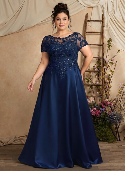A-Line Illusion Neck Short Sleeves Floor-Length Lace Satin Sequined Mother Of The Bride Dresses With Beading Sequins Flower(s)