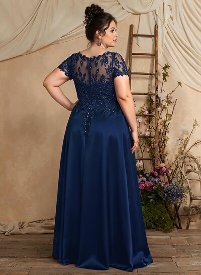 A-Line Illusion Neck Short Sleeves Floor-Length Lace Satin Sequined Mother Of The Bride Dresses With Beading Sequins Flower(s)