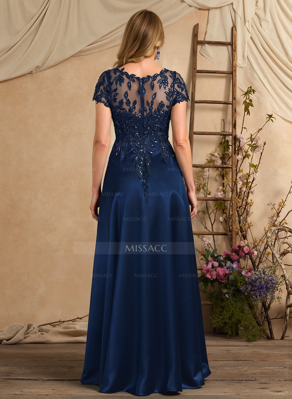 A-Line Illusion Neck Short Sleeves Floor-Length Lace Satin Sequined Mother Of The Bride Dresses With Beading Sequins Flower(s)