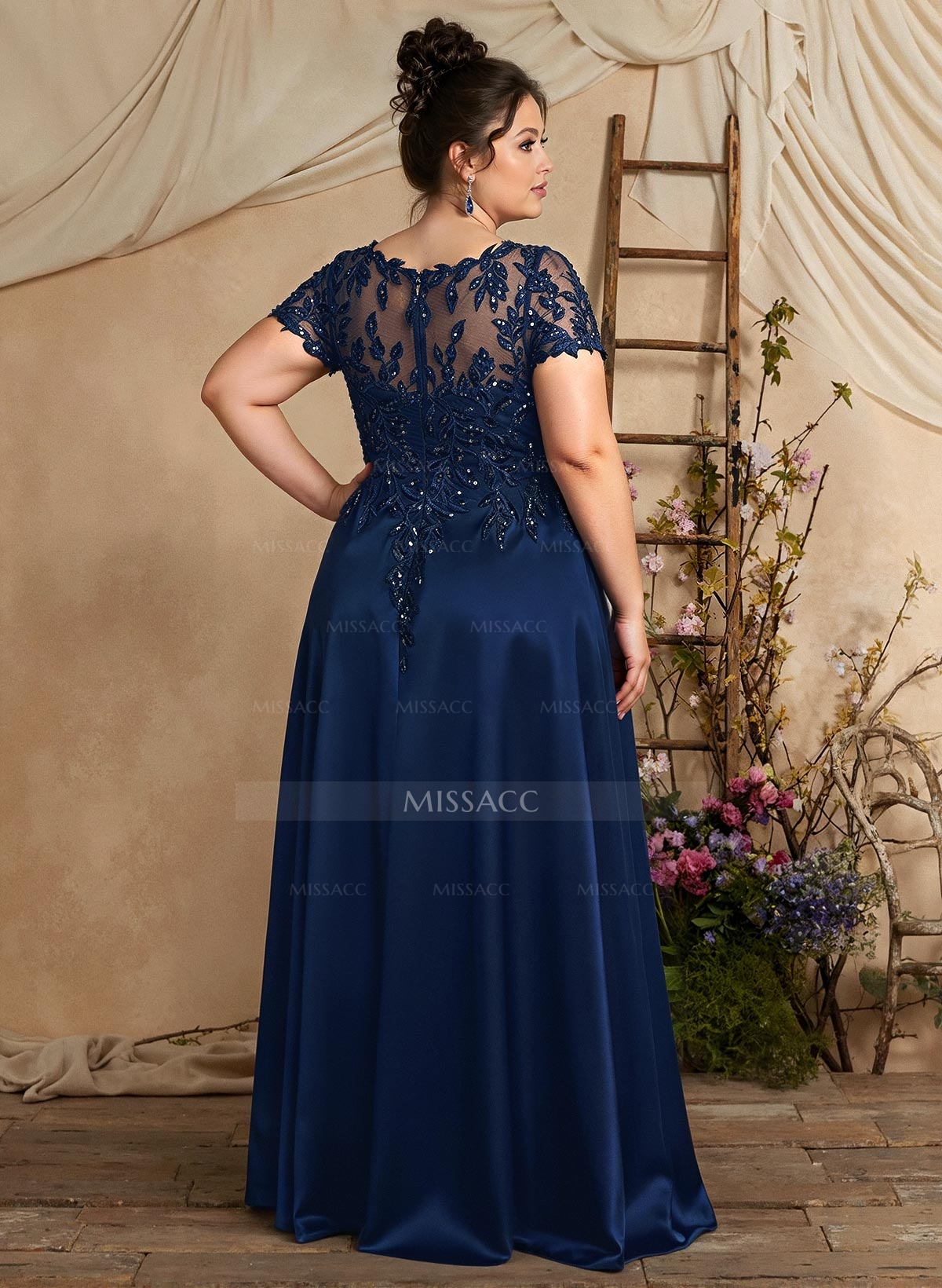 A-Line Illusion Neck Short Sleeves Floor-Length Lace Satin Sequined Mother Of The Bride Dresses With Beading Sequins Flower(s)