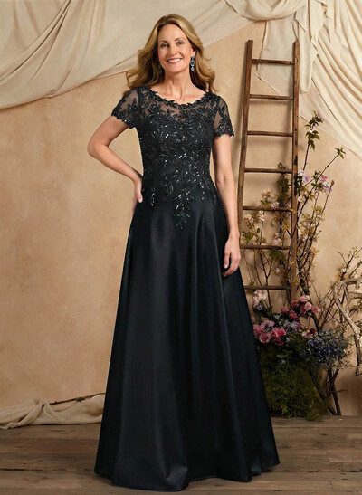 A-Line Illusion Neck Short Sleeves Floor-Length Lace Satin Sequined Mother Of The Bride Dresses With Beading Sequins Flower(s)