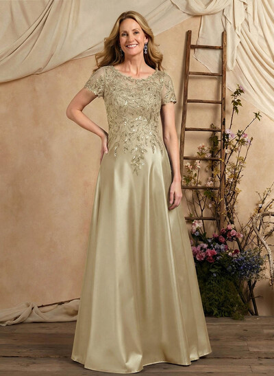 A-Line Illusion Neck Short Sleeves Floor-Length Lace Satin Sequined Mother Of The Bride Dresses With Beading Sequins Flower(s)