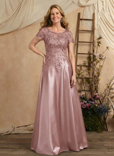 A-Line Illusion Neck Short Sleeves Floor-Length Lace Satin Sequined Mother Of The Bride Dresses With Beading Sequins Flower(s)
