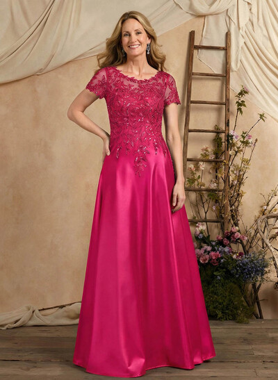 A-Line Illusion Neck Short Sleeves Floor-Length Lace Satin Sequined Mother Of The Bride Dresses With Beading Sequins Flower(s)